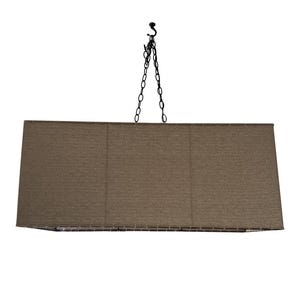 May include: A rectangular brown fabric lampshade hangs from a black chain.