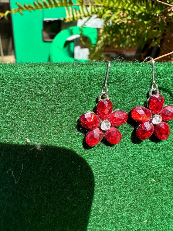 Pair of Red Gem and Diamond Flower Earrings - image 2