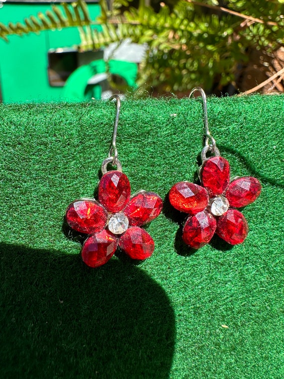 Pair of Red Gem and Diamond Flower Earrings - image 7