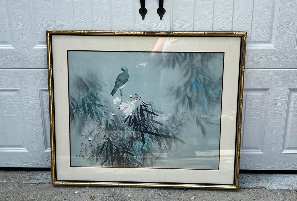 金竹額入りの鳥と葉の絵画（署名入り） - Etsy 日本