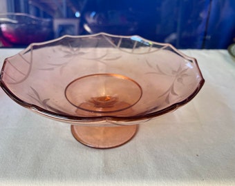 Pink Depression Glass Pedestal Dish With Etching