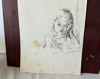 Antique Sketch of a Little Girl Drawing