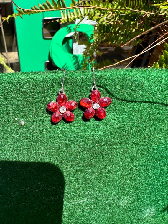 Pair of Red Gem and Diamond Flower Earrings - image 1