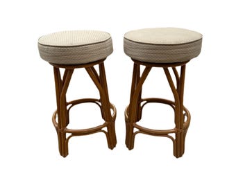 Pair of Wooden Swivel Top Cushioned Bar Stools, Styled After Paul Frankl