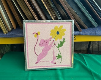 Pink Needlepoint Mouse and Flower, Framed