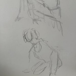 以下が含まれることがあります： シンプルなスタイルで描かれた、頭を下げて座っている人の鉛筆スケッチです。