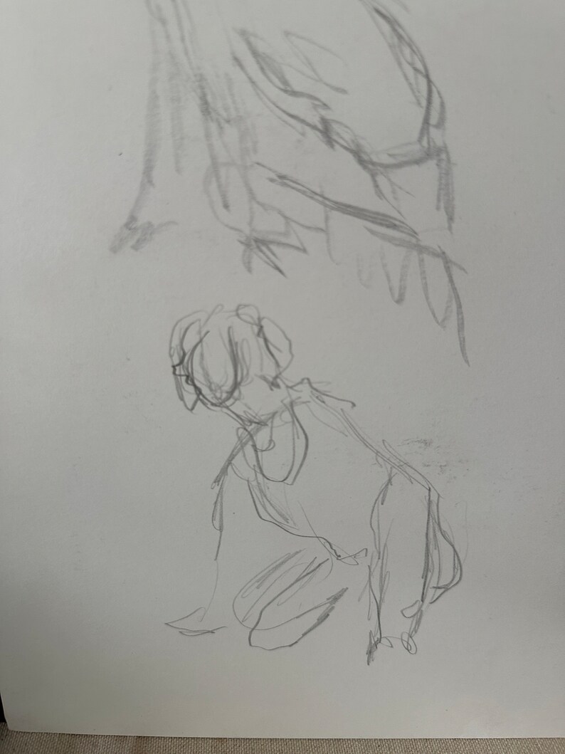 以下が含まれることがあります： シンプルなスタイルで描かれた、頭を下げて座っている人の鉛筆スケッチです。