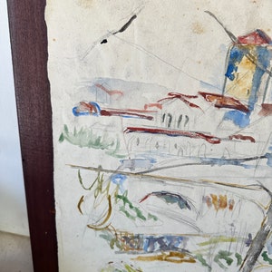 Puede incluir: Una pintura de acuarela de un paisaje con edificios, &aacute;rboles y un r&iacute;o. La pintura est&aacute; hecha en tonos de azul, verde, marr&oacute;n y rojo.