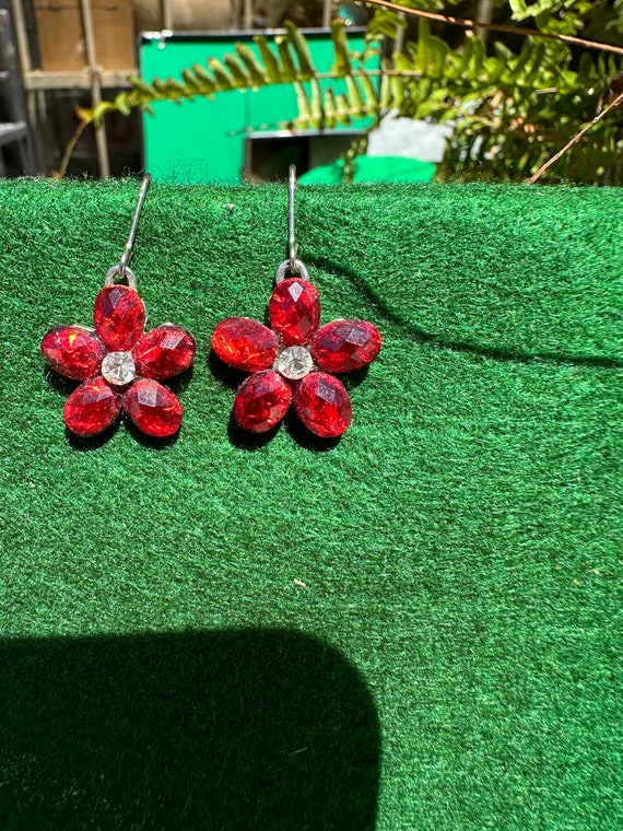 Pair of Red Gem and Diamond Flower Earrings - image 3