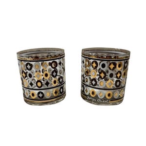 Pair of 1970s Georges Briard Gold, Black, and White Lowball Glasses