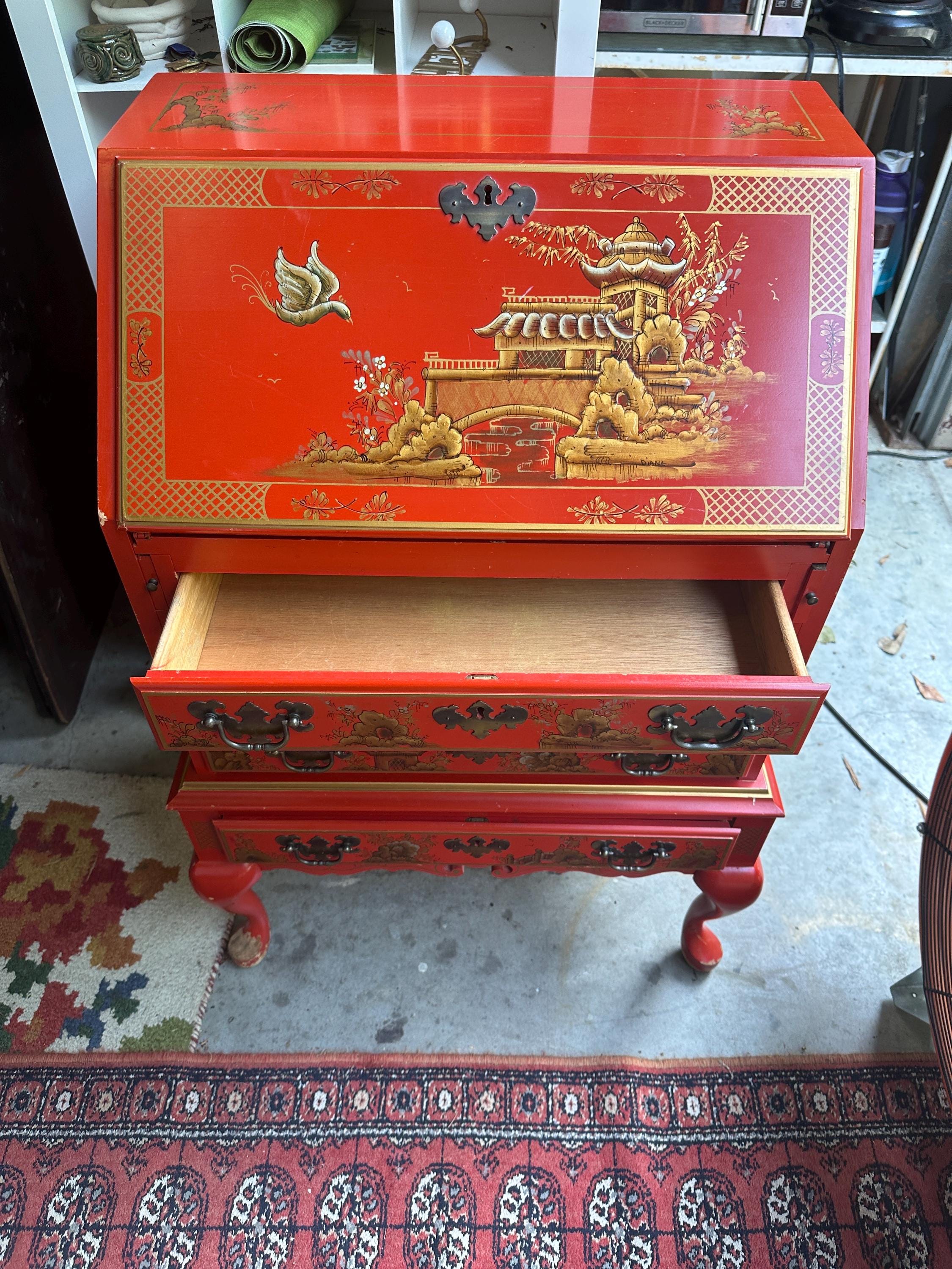 Bright Red Asian Wooden Secretary - Etsy