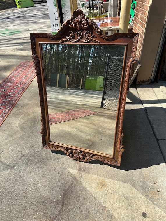 鏡家具 職人さん木製の大きな壁掛け式 carved wooden mirror Large Vintage Hand Carved Wooden Mirror - Etsy