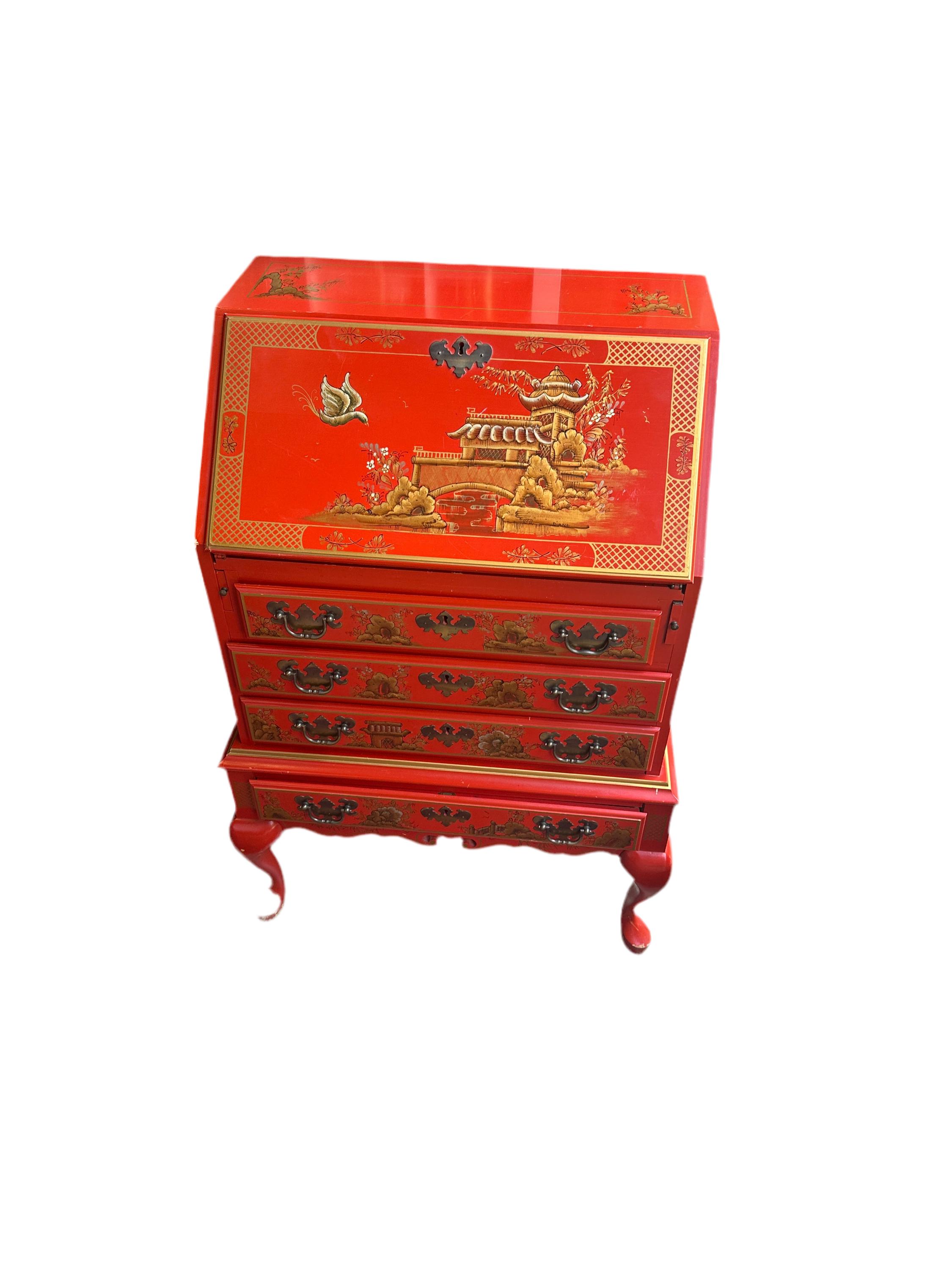 Bright Red Asian Wooden Secretary - Etsy