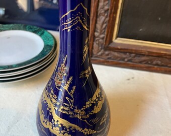 Deep Blue Pagoda Vase With Gold Accents