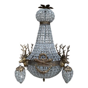 1970s Aged Metal 4-Head Stag Deer Chandelier - FREE SHIPPING!