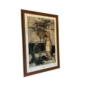 May include: A framed painting depicting two children standing in a room with a large potted plant. The plant has fallen over and the children are looking at it. The painting is done in a realistic style and has a warm color palette.