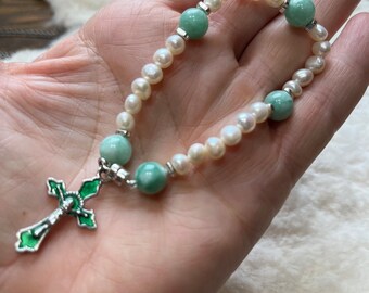 Jade and Pearl Bracelet with Crucifix and cross Bracelet