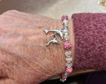 Pink Ornate with White Pearls and Dolphins Bracelet