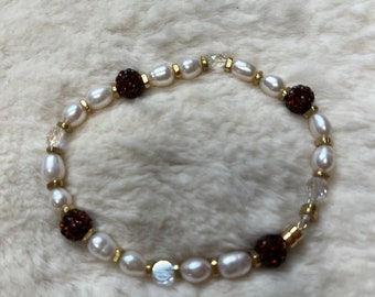 Genuine Pearls with Burgundy Beads and Crystal Bracelet