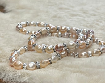 Natural Tri Color Pearls  Large 9 to 12mm Pearl Necklace Over the head