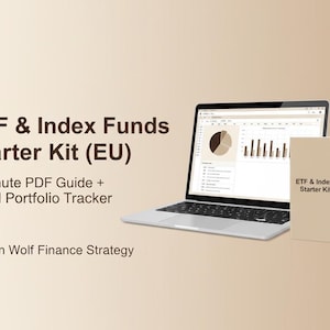 Puede incluir: Un portátil muestra gráficos financieros junto a un libro titulado "ETF & Index Funds Starter Kit (EU)". La imagen incluye el texto "5-Minute PDF Guide + Excel Portfolio Tracker" y el logotipo de Iron Wolf Finance Strategy.