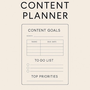 Puede incluir: Un planificador de contenido color crema con texto negro. La parte superior del planificador dice "CONTENT PLANNER". Debajo, el planificador incluye secciones para objetivos de contenido, una lista de tareas y las principales prioridades.