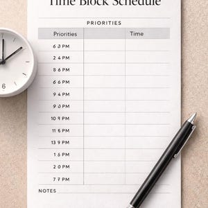 Puede incluir: Un papel blanco con el texto "Time Block Schedule" y una tabla para programar prioridades. Un bolígrafo negro y un reloj analógico blanco están al lado. El horario incluye franjas horarias como 6 3 PM, 2 4 PM y 8 6 PM.