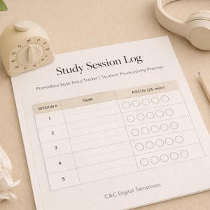 Puede incluir: Un registro de sesión de estudio con un temporizador, un lápiz y auriculares. El registro se titula "Study Session Log" e incluye secciones para tareas y enfoque. También hay una pequeña planta en maceta, notas adhesivas y papel arrugado.