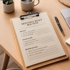 Puede incluir: Un portapapeles de madera con una lista de verificación "MONTHLY RESET ROUTINE" impresa, una taza de café, una pequeña planta en maceta y un bolígrafo sobre una mesa de madera. La lista de verificación incluye secciones para la reflexión, una pizarra limpia y la revisión y planificación.