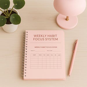 Puede incluir: Un cuaderno rosa con espiral con el texto "WEEKLY HABIT FOCUS SYSTEM" y un bolígrafo rosa a juego. El cuaderno tiene una cuadrícula para el seguimiento de hábitos. Una pequeña planta en maceta y una lámpara rosa también están en la imagen.