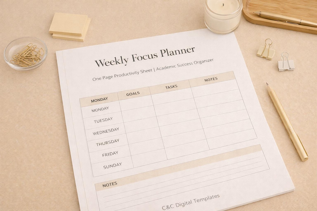 Weekly Writing Focus Weekly Focus Planner – One Page Productivity Organizer | Minimal Design ...