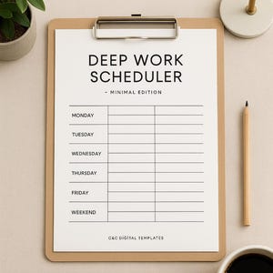 Puede incluir: Un portapapeles con un papel blanco titulado "DEEP WORK SCHEDULER - MINIMAL EDITION". El papel tiene un diseño de horario para la semana. Un lápiz y una taza de café están a la derecha. Una pequeña planta en maceta está a la izquierda.