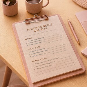 Puede incluir: Un portapapeles con borde rosa y un papel con el texto "MONTHLY RESET ROUTINE" está sobre una mesa de madera. Una pequeña planta en maceta, una taza de café y un bolígrafo también están sobre la mesa. El portapapeles tiene un clip de metal.
