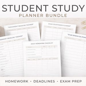 Puede incluir: Un paquete de planificador de estudios para estudiantes con el texto "STUDENT STUDY PLANNER BUNDLE". La imagen muestra varias páginas imprimibles para el seguimiento de tareas, plazos y deberes. También hay una taza de café, un lápiz y elementos decorativos.