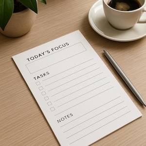 Puede incluir: Un bloc de notas blanco con el texto "TODAY'S FOCUS", "TASKS" y "NOTES" impreso en negro. Un bolígrafo plateado descansa sobre el bloc de notas, y una taza de café está sobre un platillo en el fondo. También se ve una pequeña planta en maceta.
