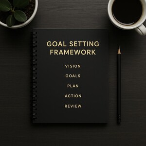 Puede incluir: Un cuaderno negro con espiral con las palabras "GOAL SETTING FRAMEWORK" en letras doradas. Debajo, las palabras "VISION, GOALS, PLAN, ACTION, REVIEW" están listadas. Un lápiz negro y una taza de café están junto al cuaderno. Una pequeña planta en maceta está en la esquina superior izquierda.