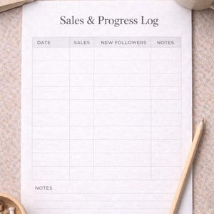 Puede incluir: Una hoja de papel blanca titulada "Sales & Progress Log" con columnas para fecha, ventas, nuevos seguidores y notas. Un lápiz de madera, una taza de café y un pequeño cuaderno con clips de papel también están presentes.