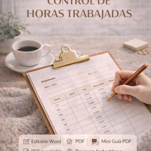 Puede incluir: Un portapapeles con un formulario de seguimiento del tiempo, una taza de café y un bolígrafo. El formulario tiene el título "CONTROL DE HORAS TRABAJADAS" e incluye campos para la información del empleado y las entradas de tiempo. También aparece el texto "WORD + PDF Editable".