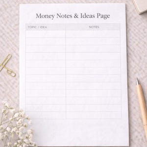 Puede incluir: Un bloc de notas blanco con el texto "Money Notes & Ideas Page". El bloc de notas tiene una cuadrícula para escribir temas y notas. También se ven un clip dorado, un bolígrafo y un pequeño cuaderno.