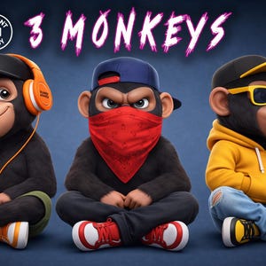May include: Three cartoon monkeys in various outfits. One wears headphones, another a red bandana, and the third a yellow hoodie and sunglasses. The image has the text "3 MONKEYS" in a pink font.