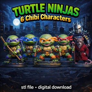 May include: A digital illustration featuring six chibi Teenage Mutant Ninja Turtles characters and Shredder, set against a cityscape backdrop. The turtles wear their signature colored masks. The image includes the text "Turtle Ninjas 6 Chibi Characters" and "stl file • digital download."