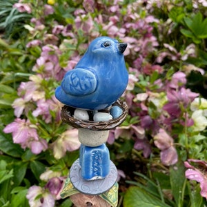 Blue Bird on a Nest Garden Totem, Gifts for Gardeners, Gift for Mother's Day, Birthday Gift for Mom, Gift for Mom, Garden Pottery