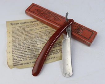 1959 Vintage Soviet Straight Razor Trud Vacha, USSR Shaving Razor with Box, Rare Collectible