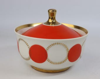 Vintage Soviet Red Polka Dot Sugar Bowl, 1950s USSR Porcelain Jam Jar, Retro Decor USSR Quality Sign