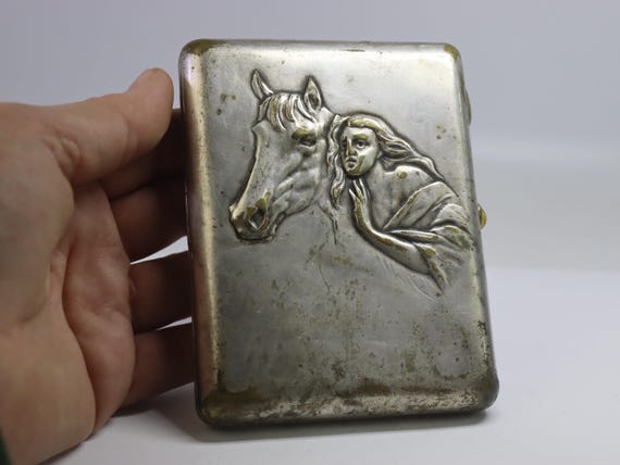 Rare Soviet Brass Cigarette Case with Woman and Horse, 1930s–1950s