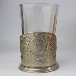 Vintage Soviet Cupronickel Tea Glass Holder – Podstakannik Faceted Glass 1950s–60s USSR Cossack