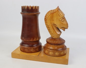 Soviet Chess Desk Organizer, Vintage Wooden Rook & Knight Pen Holder, Made in USSR Wood Chess Set Souvenir 1970s