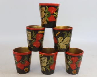 Vintage Ukrainian Petrykivka Painted Wooden Shot Glasses, Hand Painted Mini Cups Strawberry