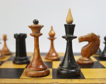 Vintage Small Wooden Latvian Design, 1950s Soviet Mikhail Tal Style Chess Set