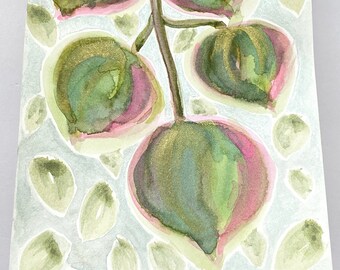 May include: Watercolor painting of a green and pink plant with leaves on a light blue background. The painting is signed with the year 2022.
